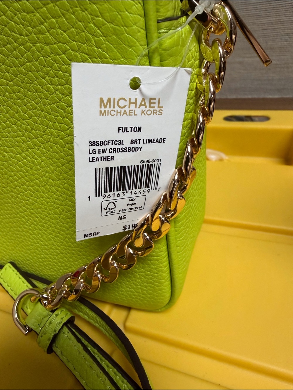 MICHAEL KORS Neon Lime Pebbled Leather Crossbody with Gold-Tone MK Logo - Picture 3 of 3